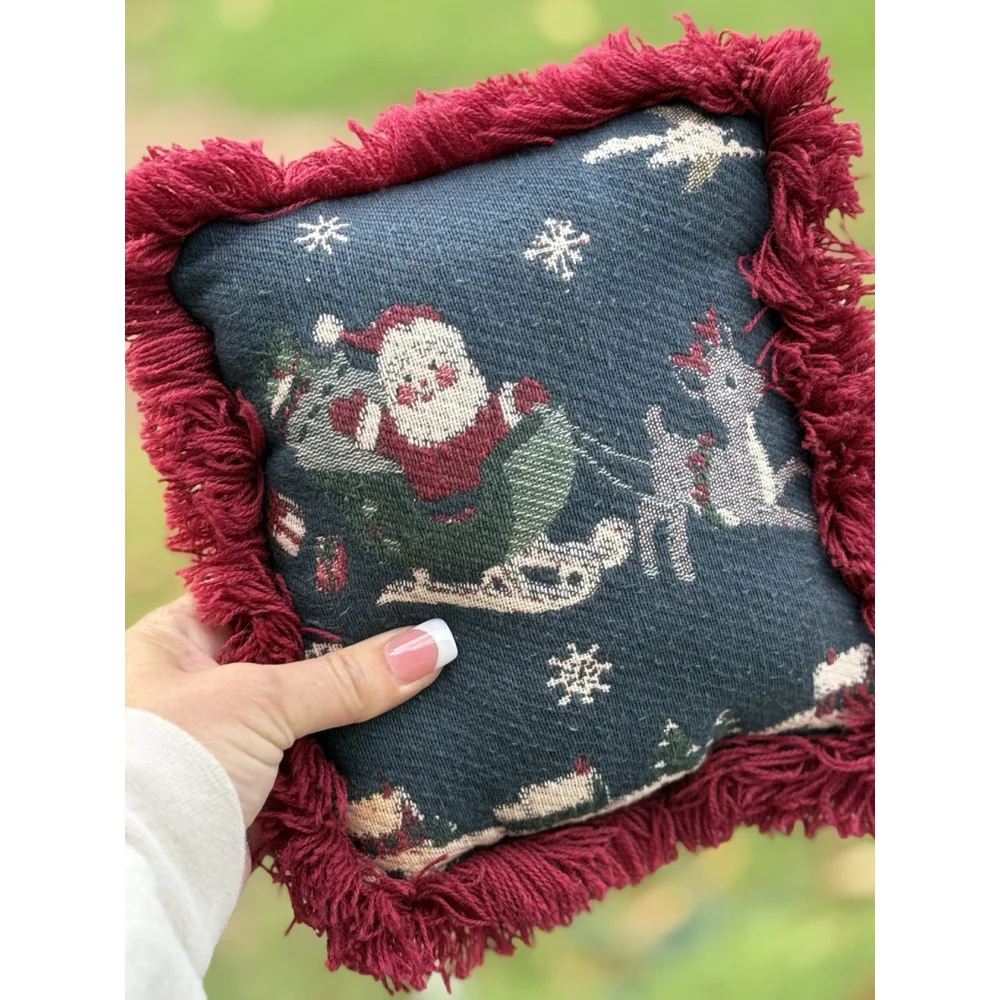 Vintage Riverdale Christmas Tapestry Santa Reindeer Fringe Mini Throw Pillow